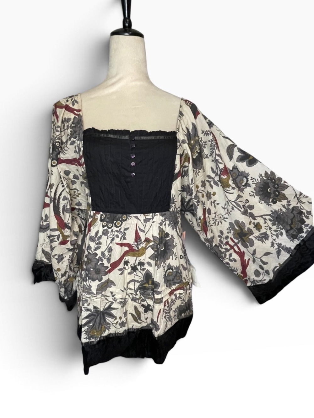 Nolita Y2K Ivory Black Floral Bird Bell Sleeve Smocked Tunic Small NWT
